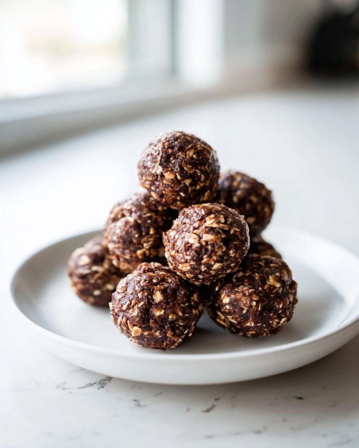 A stack of dark chocolate oat protein balls piled on a small white plate, ready for snacking.