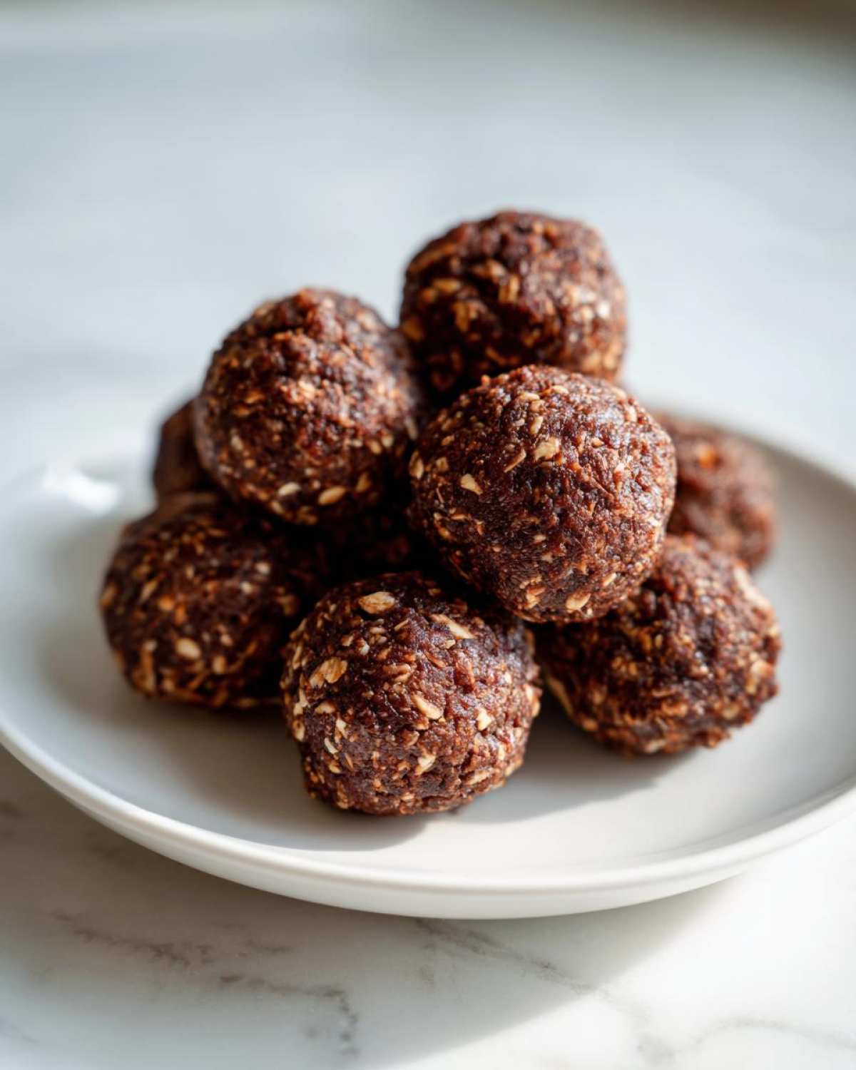 A close-up stack of dark chocolate protein balls studded with visible oats, resting on a white plate.