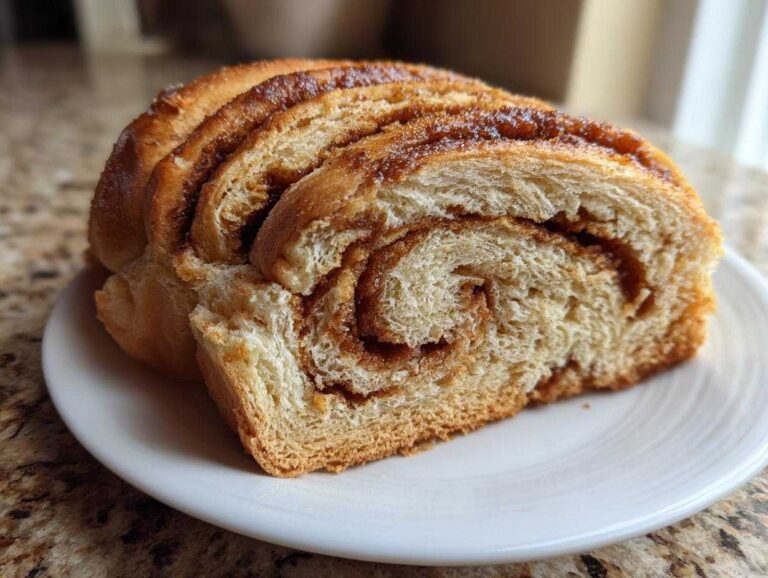 Amazing 1-Hour Cinnamon Swirl Bread A close-up of a thick slice of homemade Cinnamon Swirl Bread showing the beautiful brown sugar and cinnamon spiral filling.