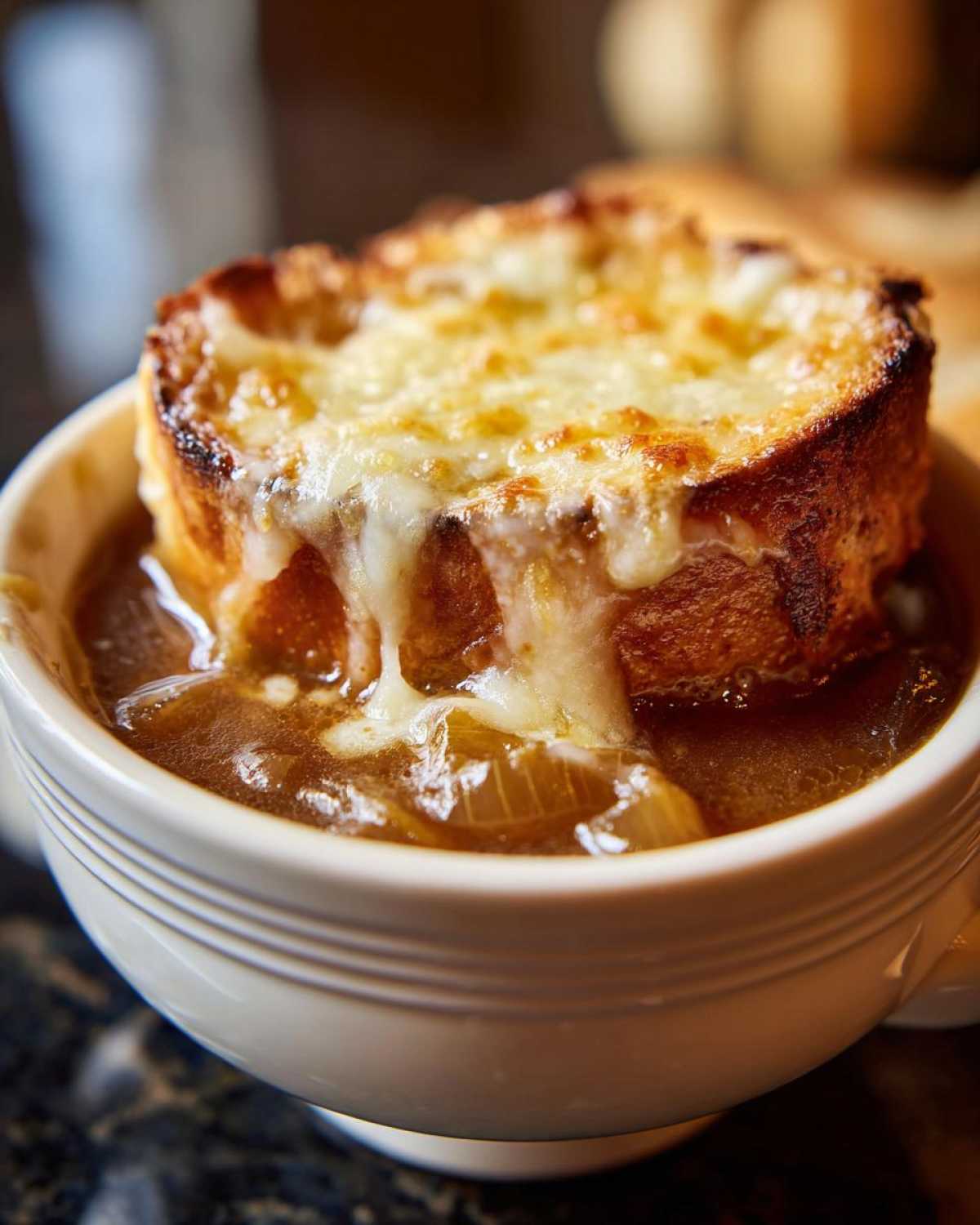 Close-up of a bowl of rich french onion soup topped with a thick slice of toasted bread and bubbling, melted Gruyère cheese.