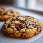 A close-up, appetizing shot of a freshly baked homemade chocolate chip cookie with melted chocolate chunks.