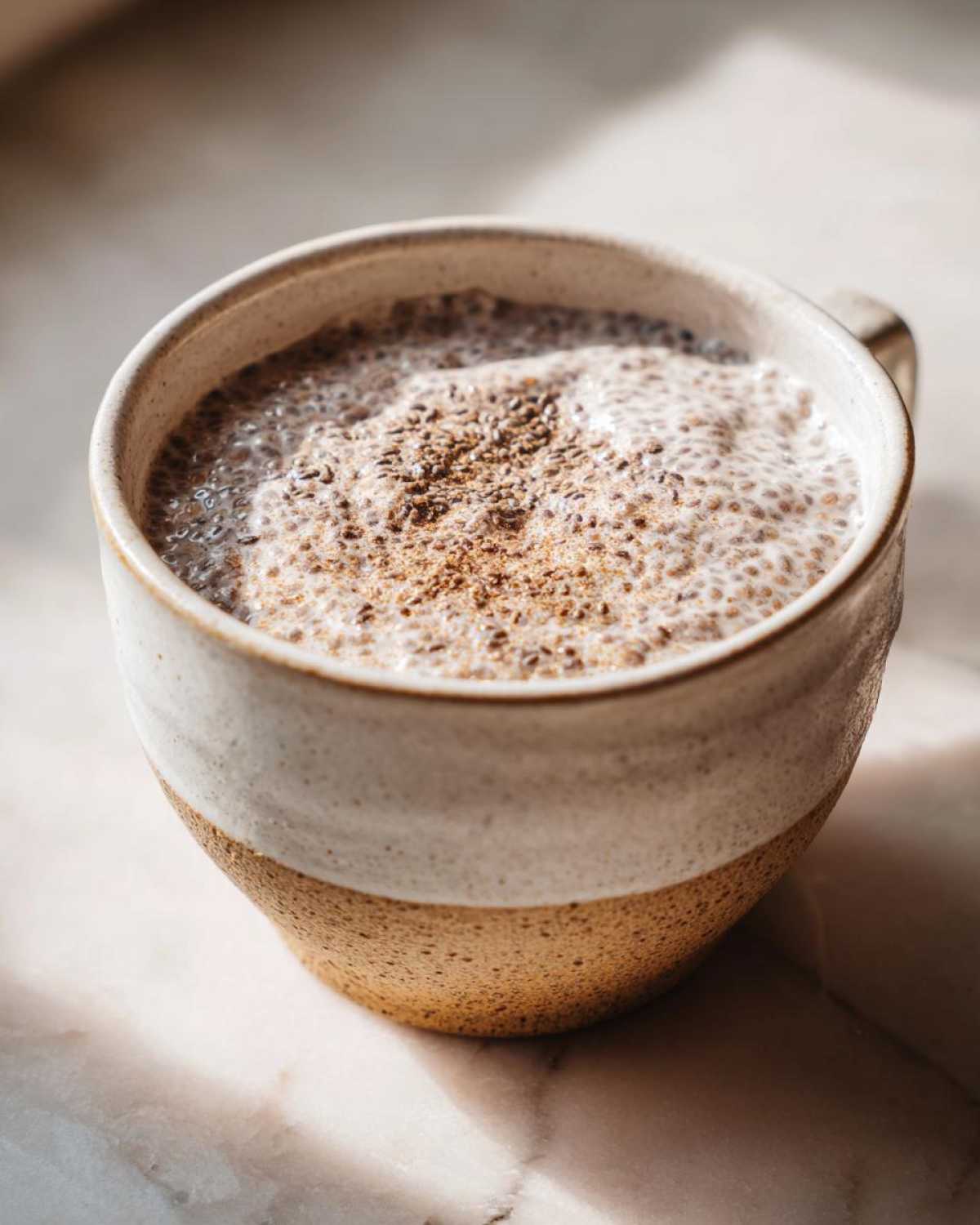 Close-up of creamy coconut chia pudding topped with extra chia seeds in a rustic ceramic mug.