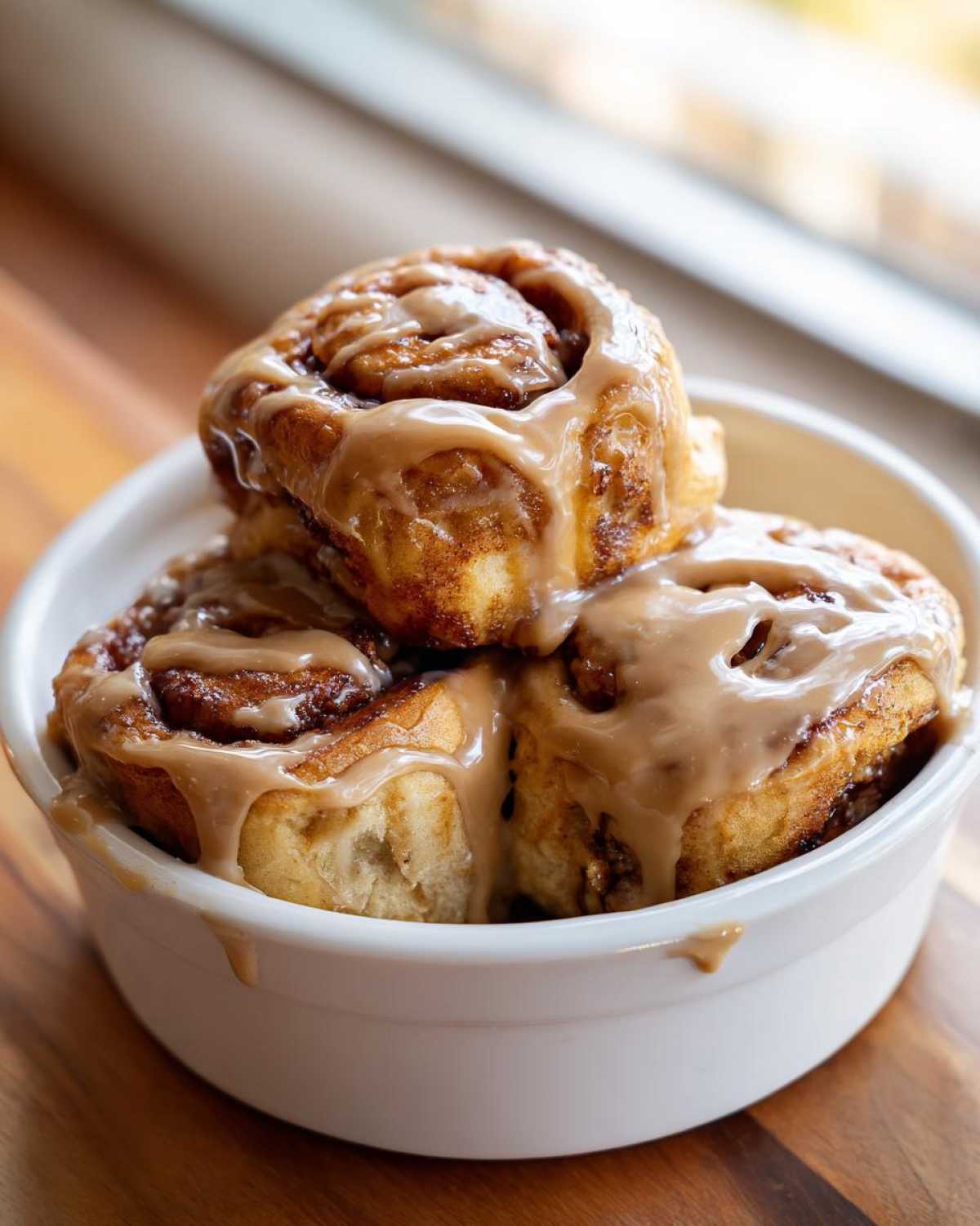 Three warm Cookie Butter Cinnamon Rolls stacked in a white bowl, generously topped with thick cookie butter glaze.