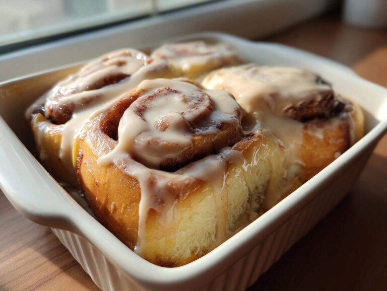 Amazing 12 Cookie Butter Cinnamon Rolls Close-up of soft, golden Cookie Butter Cinnamon Rolls topped with thick, creamy white glaze in a white baking dish.
