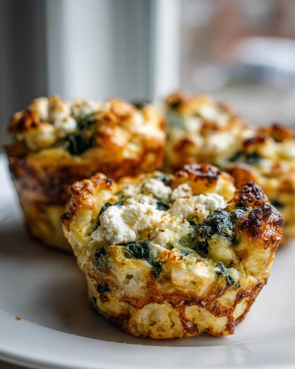Close-up of golden-brown Cottage Cheese Egg Cups With Spinach & Feta topped with crumbled white cheese.