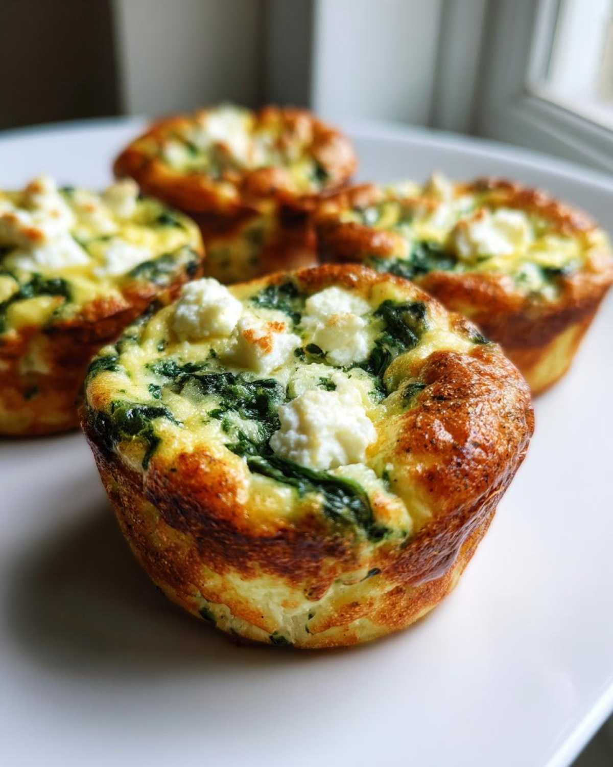 Close-up of golden-brown Cottage Cheese Egg Cups With Spinach & Feta topped with white crumbles.