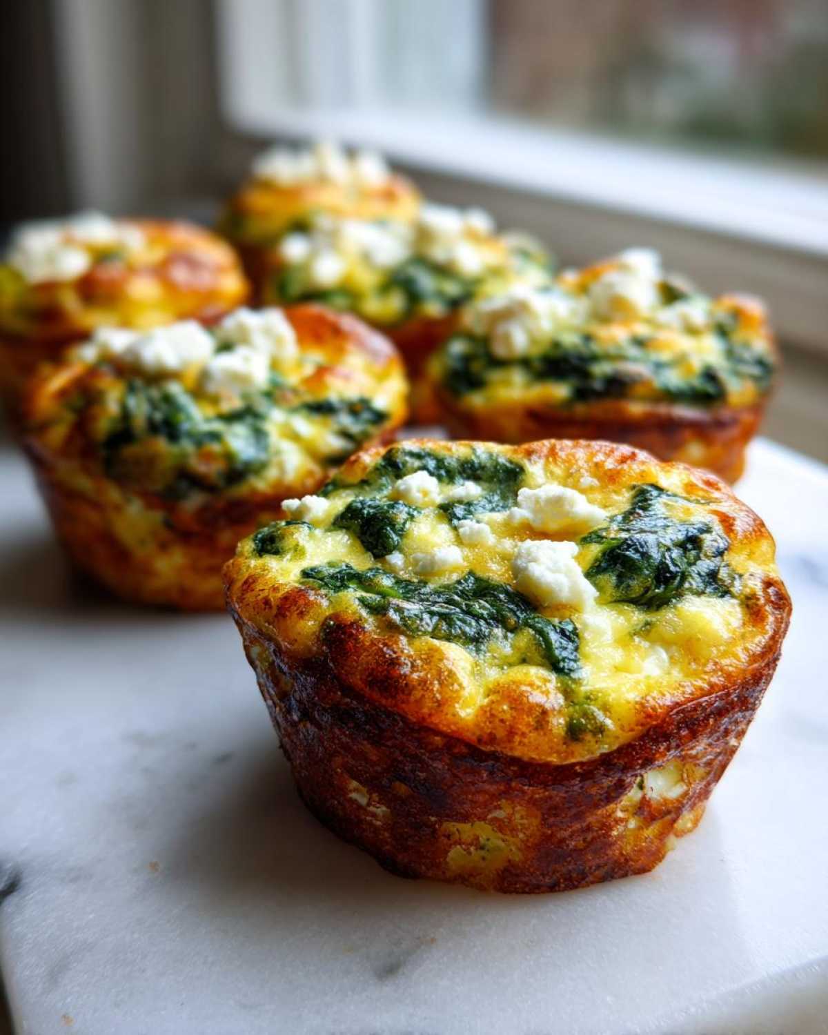 Close-up of baked Cottage Cheese Egg Cups With Spinach & Feta topped with crumbled feta cheese.