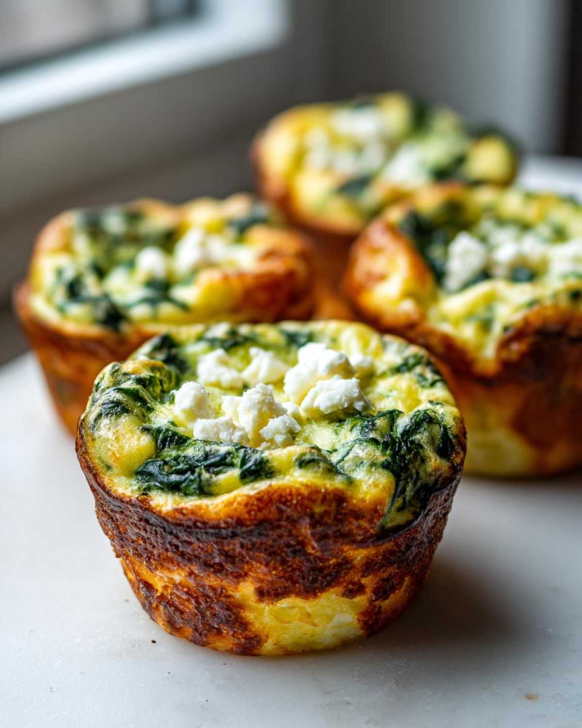 Close-up of freshly baked Cottage Cheese Egg Cups With Spinach & Feta, topped with crumbled white cheese.