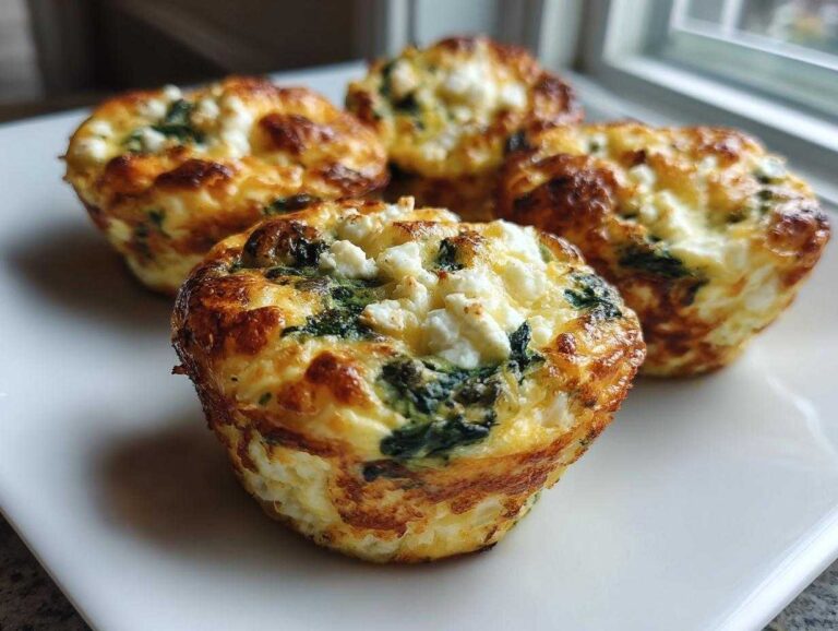 Four golden-brown Cottage Cheese Egg Cups With Spinach & Feta served on a white plate.