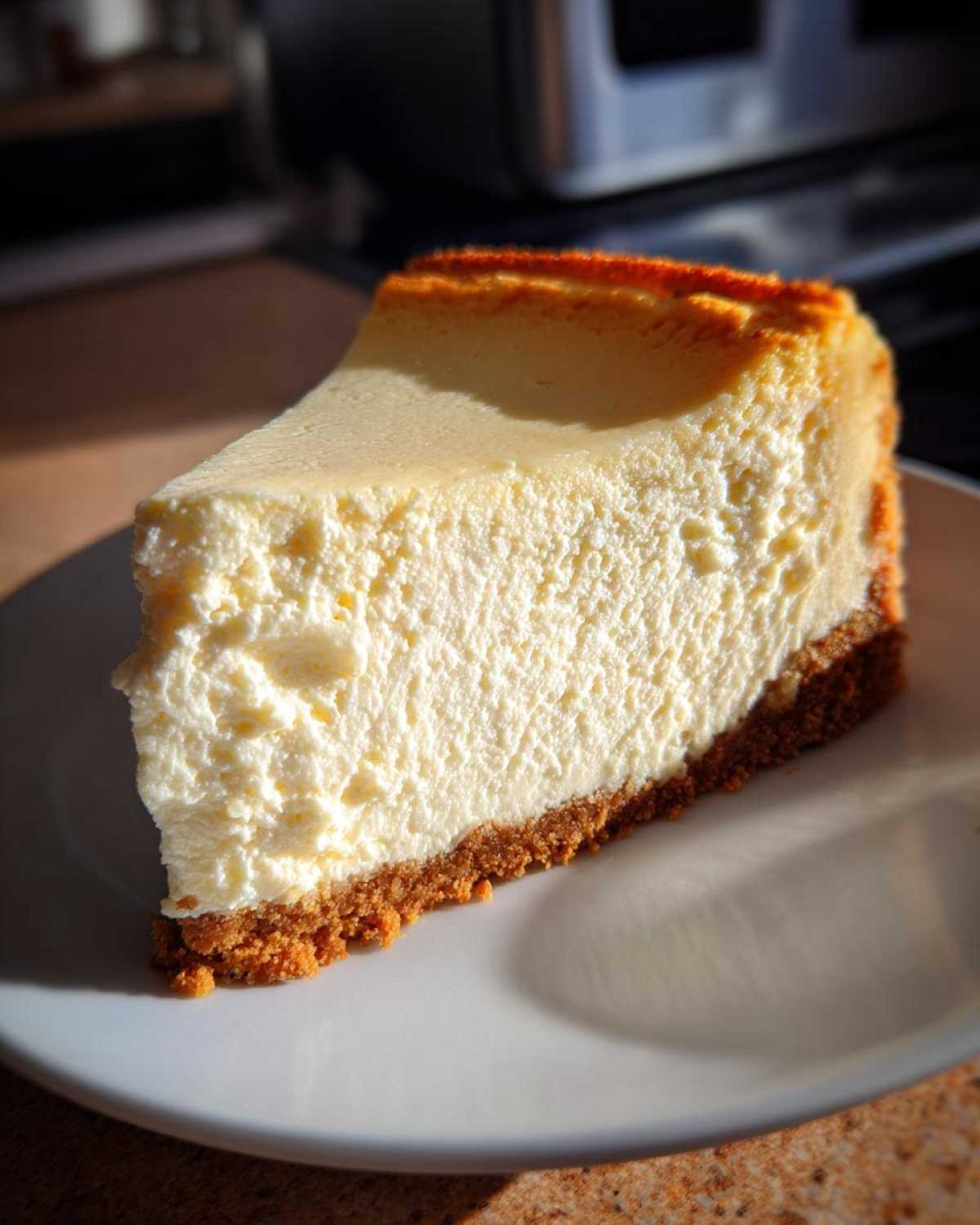 A perfect, tall slice of creamy new york cheesecake with a golden-brown graham cracker crust, sitting on a white plate.
