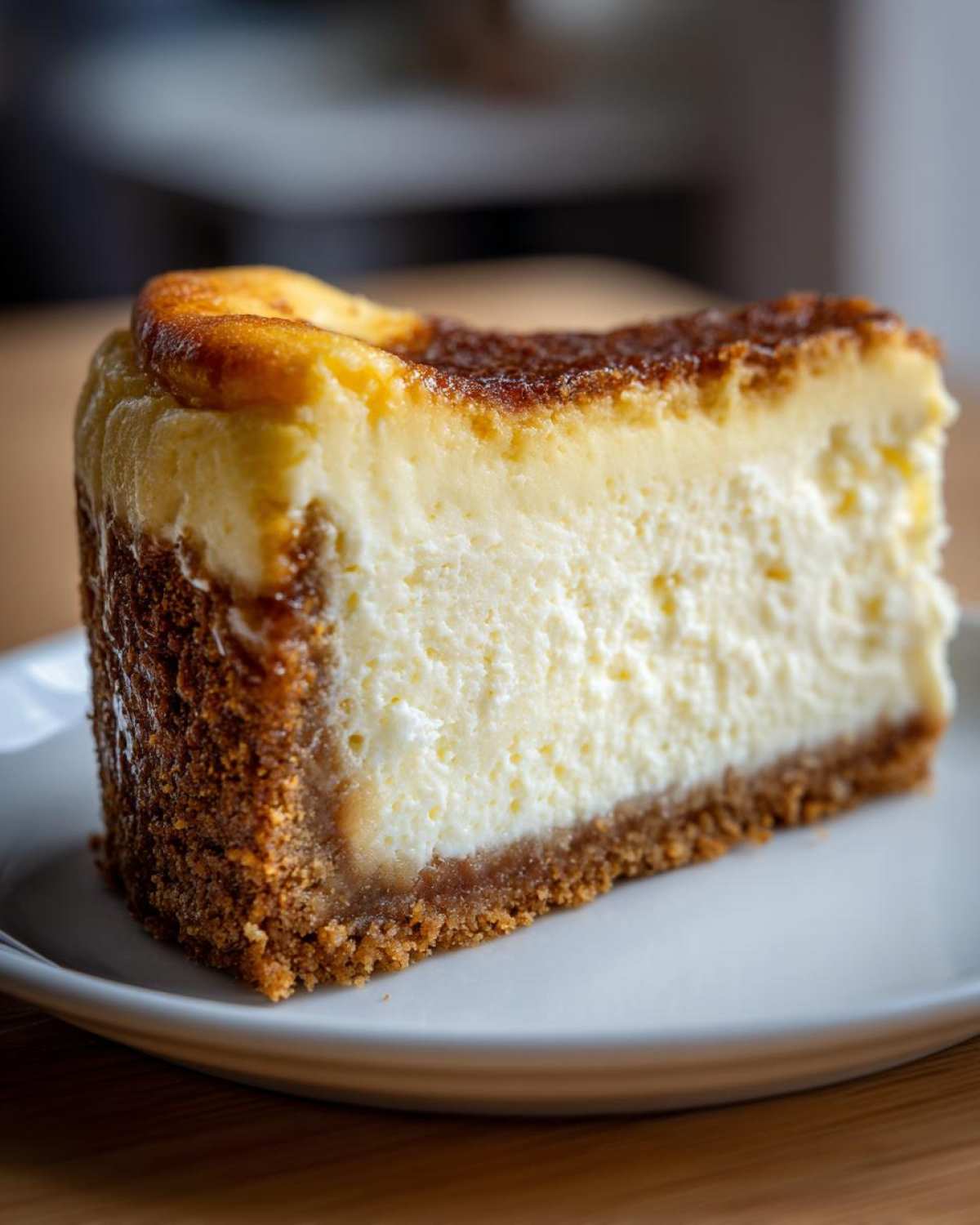 A thick, creamy slice of new york cheesecake with a golden brown top and graham cracker crust.