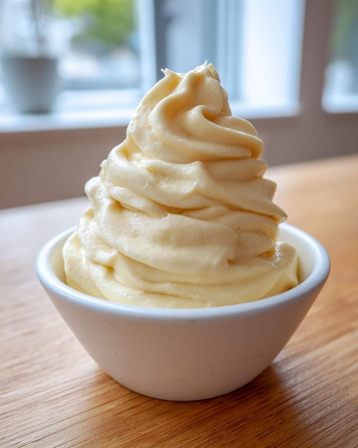 A perfect swirl of creamy, pale yellow banana ice cream served in a small white bowl on a wooden table.