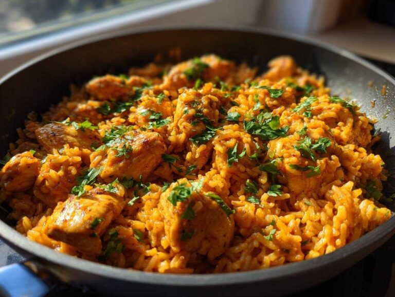 Close-up of vibrant, orange-hued Creamy Cajun Chicken Rice garnished with fresh parsley in a dark skillet.