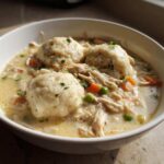Close-up of a white bowl filled with creamy chicken and dumpling, featuring large dumplings, shredded chicken, peas, and carrots.