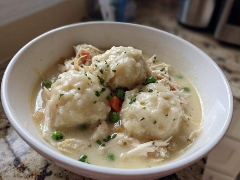 A close-up of a white bowl filled with creamy chicken and dumpling stew, featuring three fluffy dumplings and shredded chicken.
