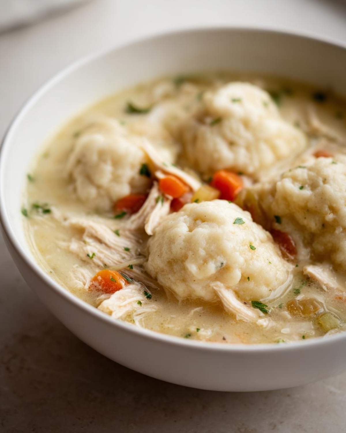 Close-up of a white bowl filled with creamy chicken and dumpling soup, featuring fluffy dumplings and shredded chicken.