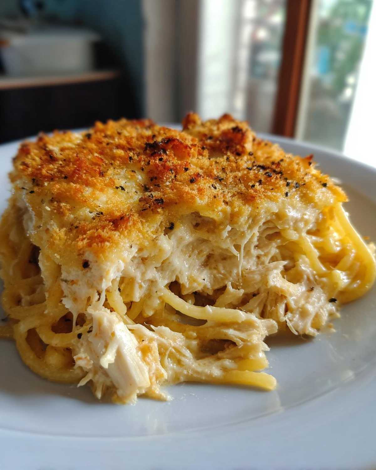 A close-up serving of creamy Chicken Spaghetti with shredded chicken and a golden, crunchy breadcrumb topping.