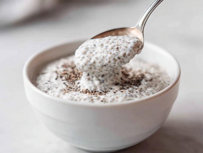 A spoonful of creamy coconut chia pudding being lifted from a white bowl, showing soaked chia seeds.