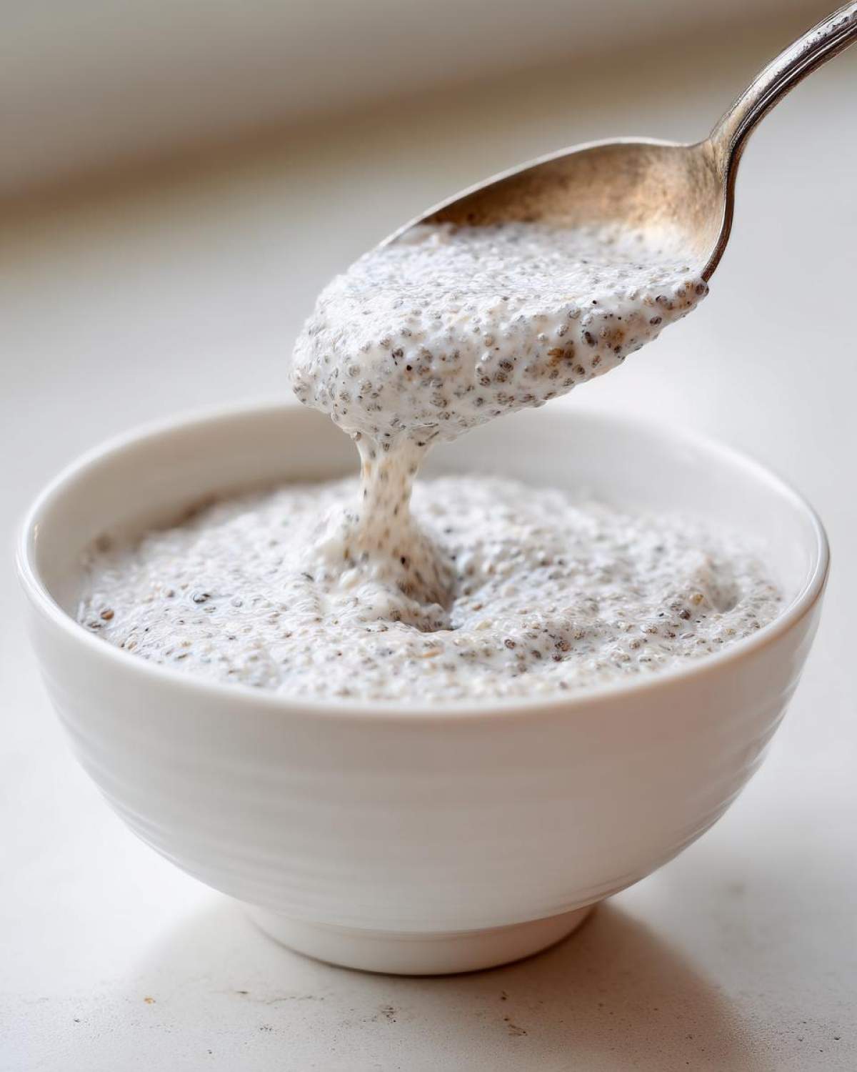 A spoonful of creamy coconut chia pudding being lifted from a white bowl, showing the texture.