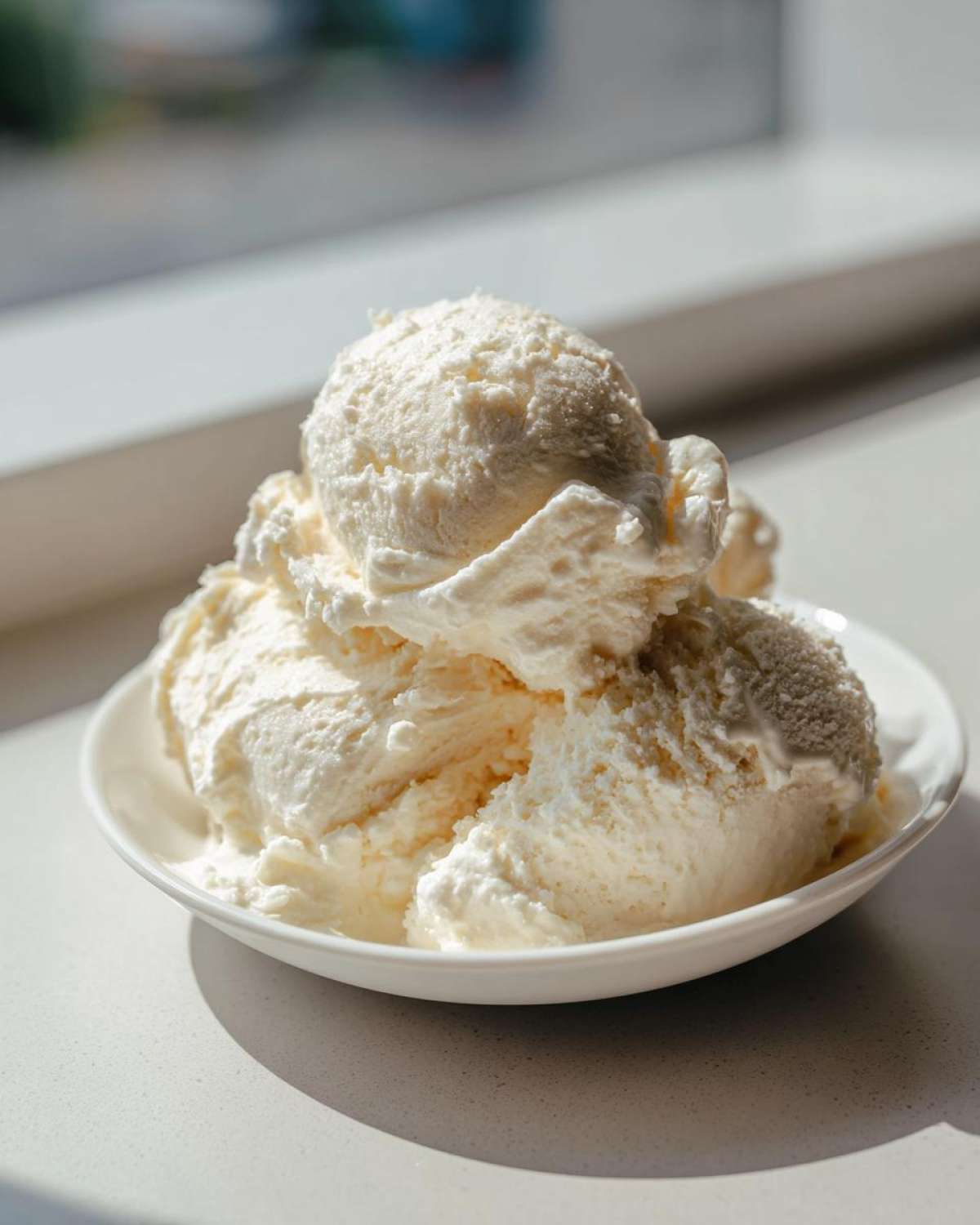Several scoops of creamy, white cottage cheese ice cream piled high in a small white bowl.