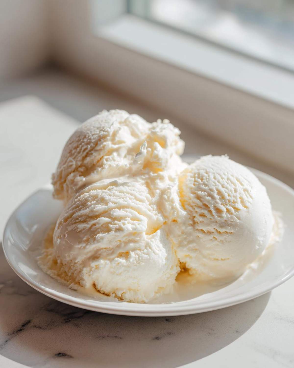 Three scoops of creamy, vanilla-colored cottage cheese ice cream served on a small white dish near a bright window.