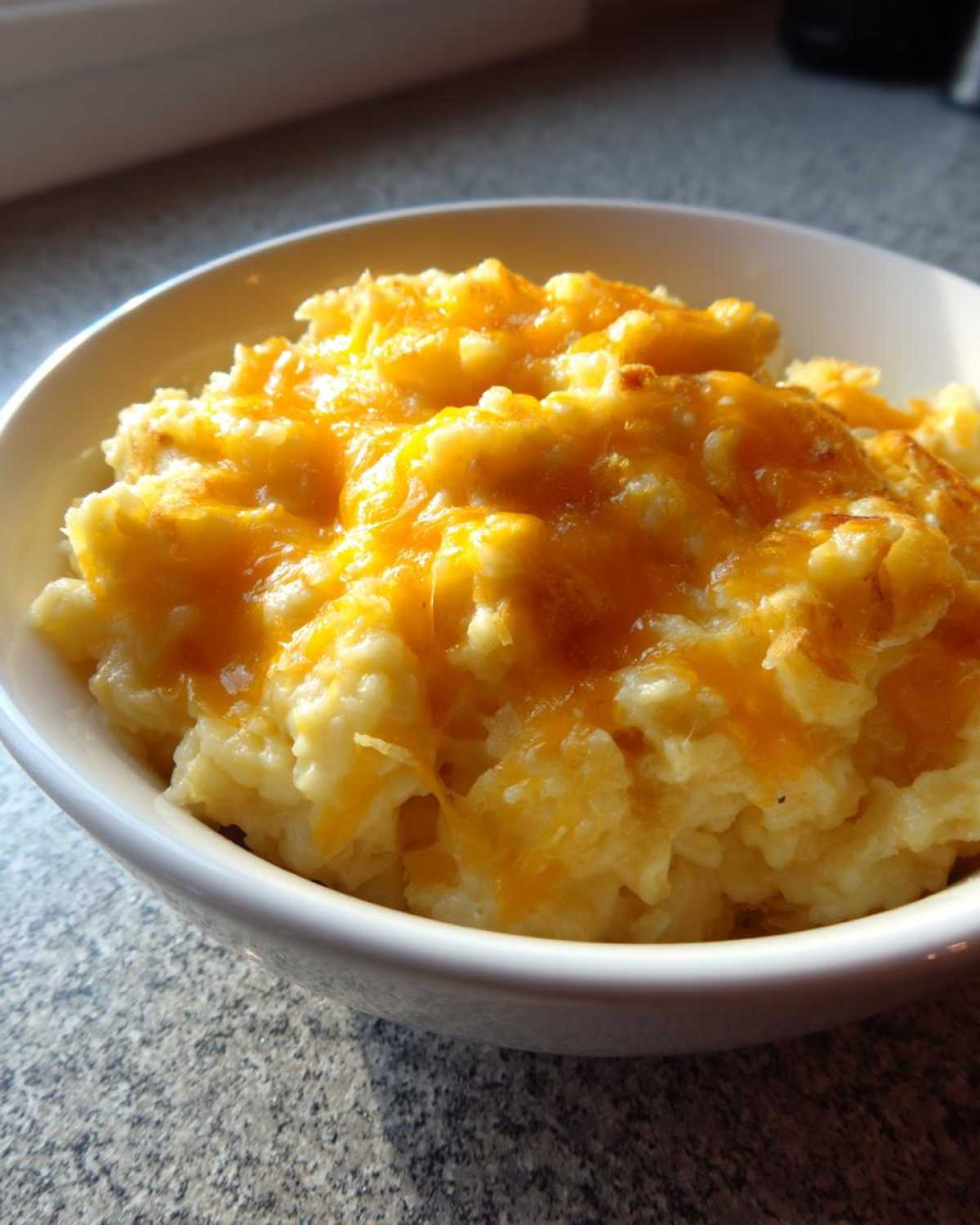 Close-up of a white bowl filled with creamy crockpot cheesy potatoes topped with melted cheddar cheese.