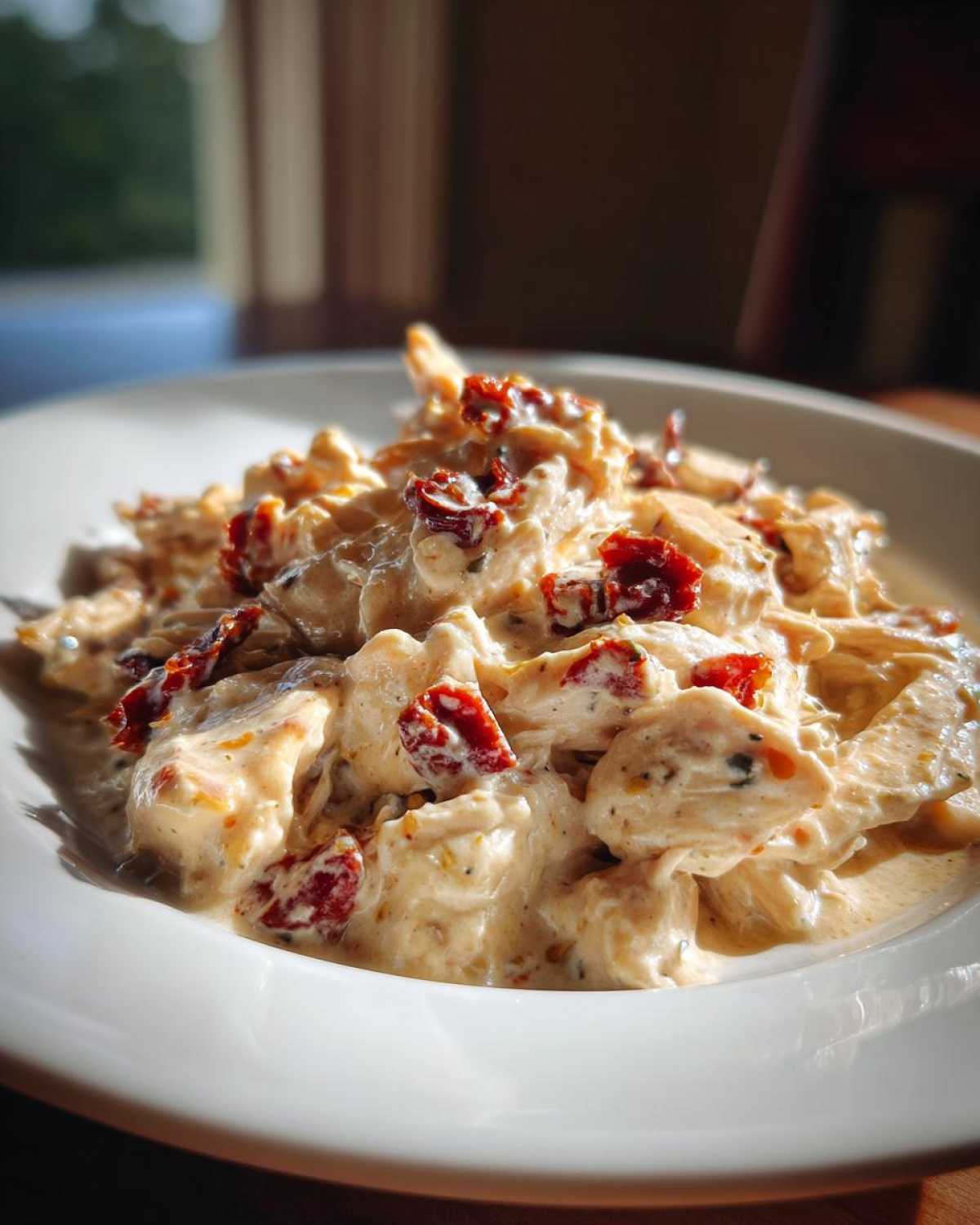 Close-up of creamy crockpot marry me chicken pieces topped with vibrant sun-dried tomatoes on a white plate.