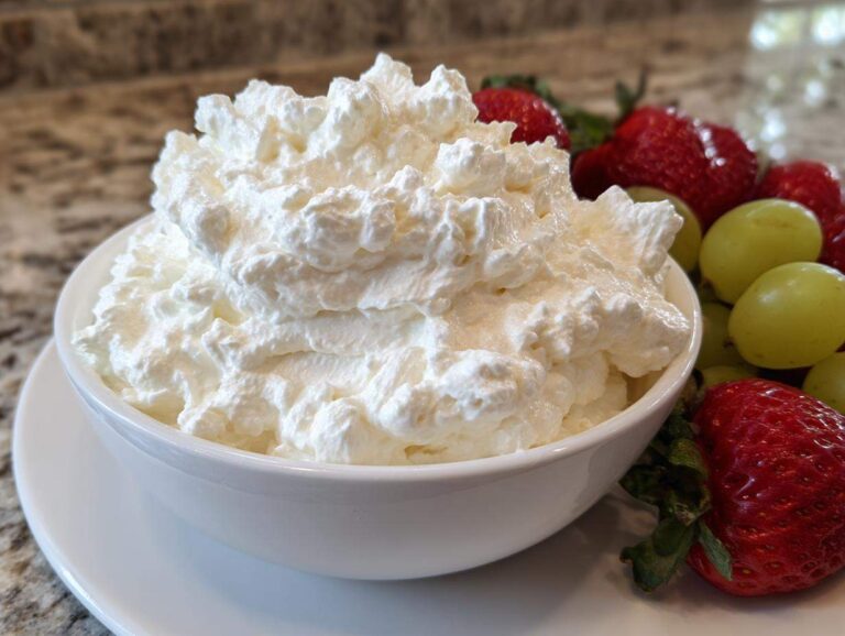 A bowl overflowing with fluffy white fruit dip, served alongside fresh strawberries and green grapes.
