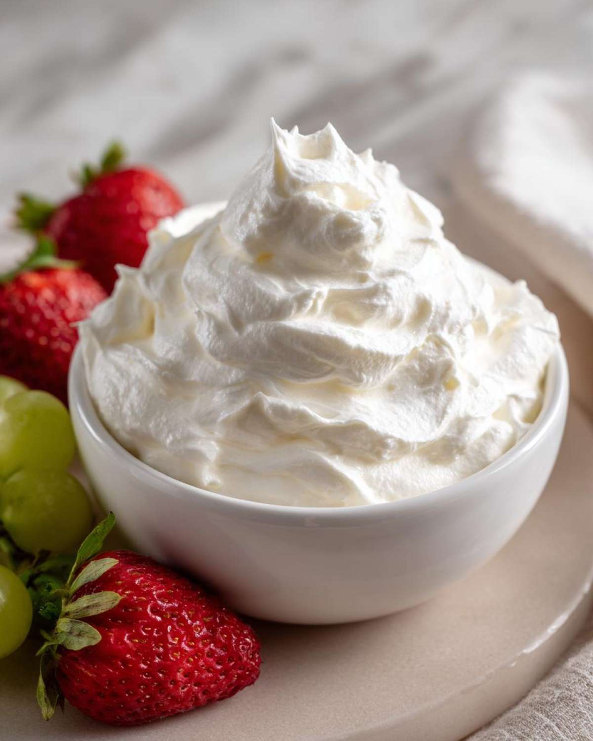 A bowl of fluffy white fruit dip surrounded by fresh strawberries and green grapes.