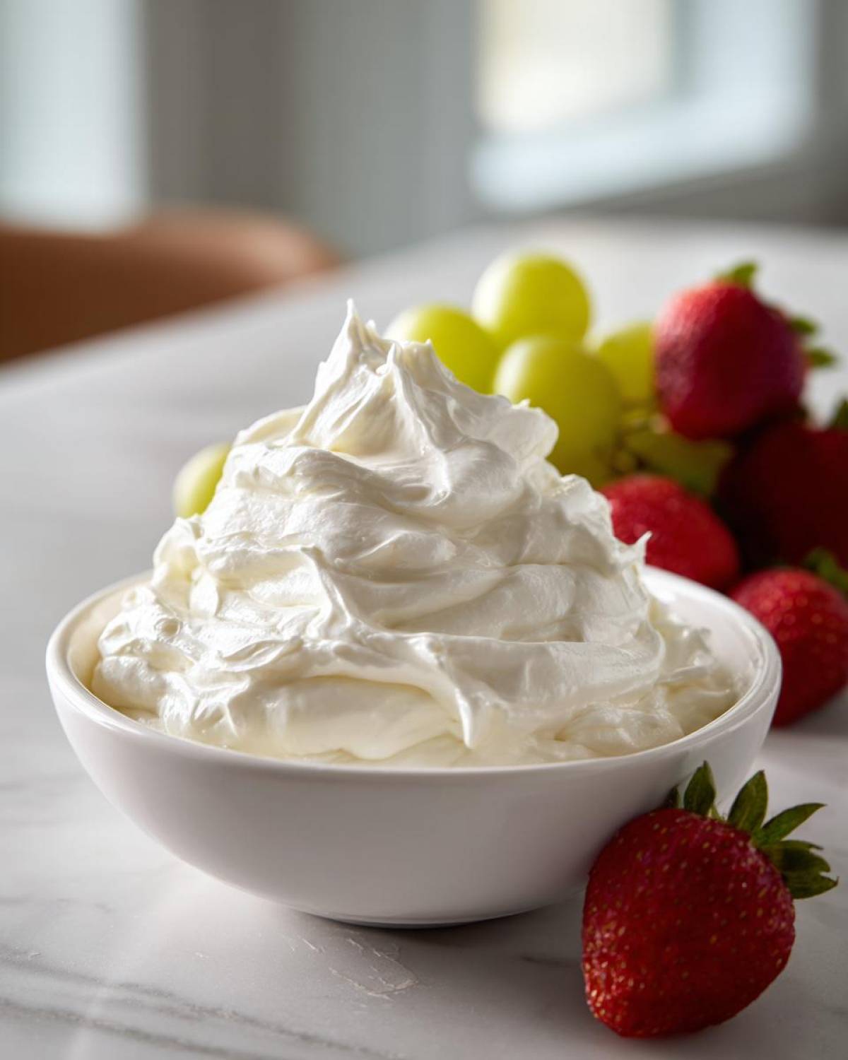 A bowl of creamy white fruit dip served with fresh strawberries and green grapes.
