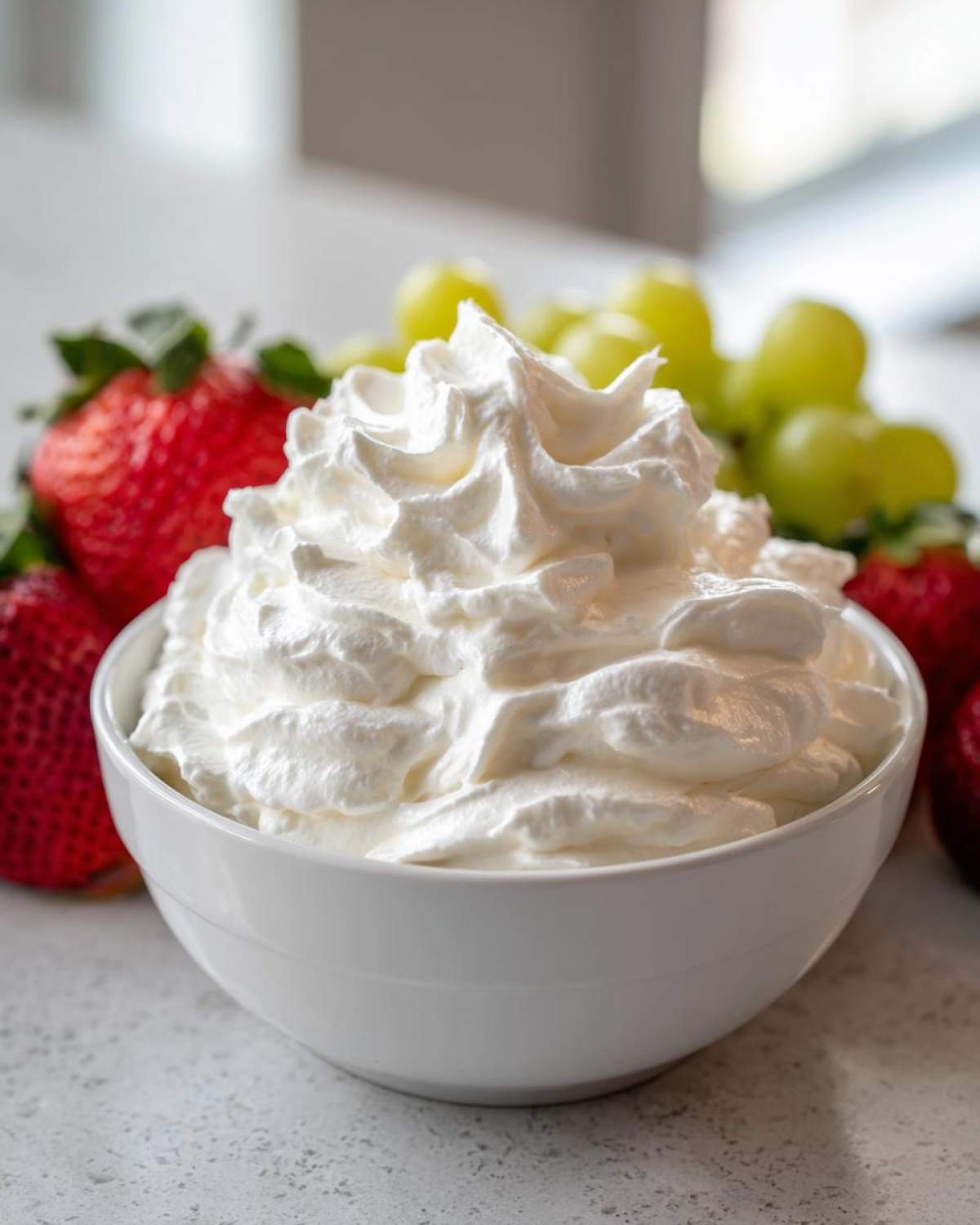 A white bowl filled with fluffy whipped cream, perfect for a fruit dip, surrounded by fresh strawberries and green grapes.