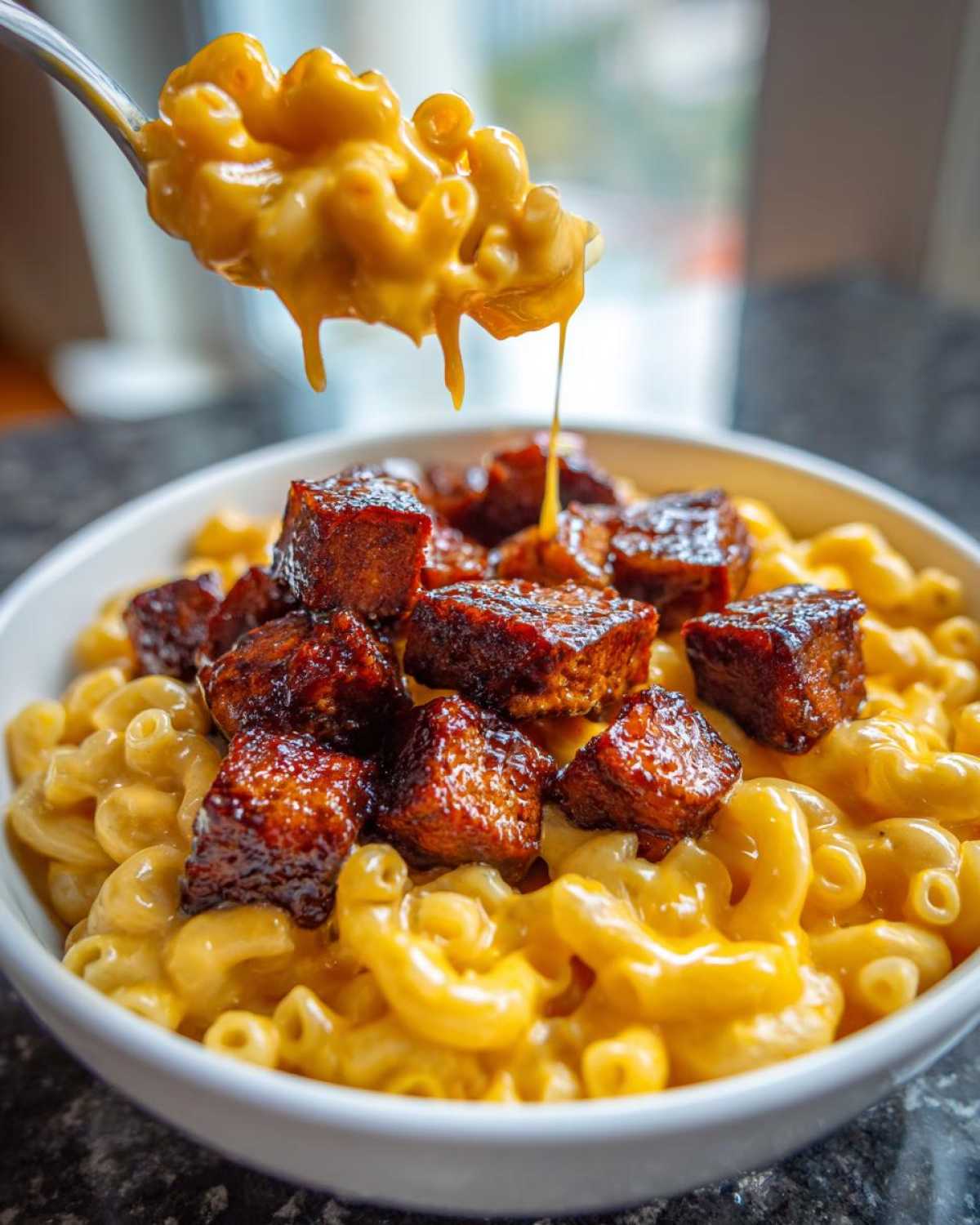 A spoonful of creamy mac and cheese dripping back into a bowl topped with glazed Honey Pepper Chicken cubes.