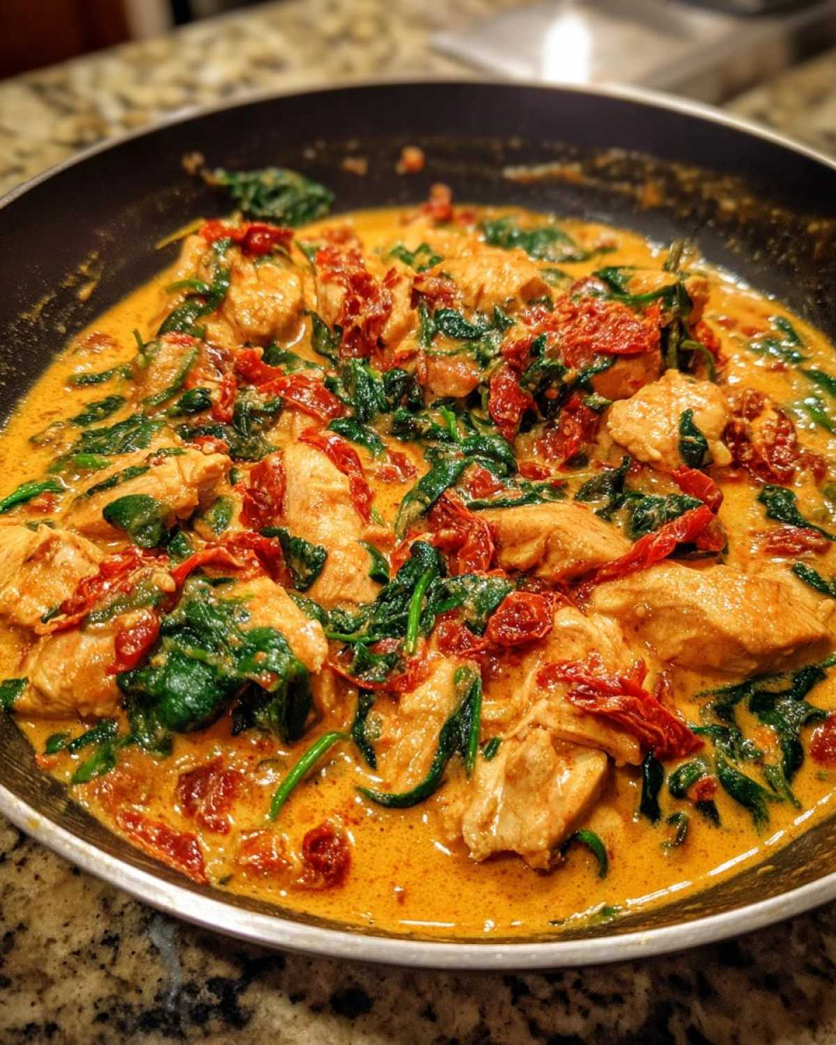 Close-up of a Creamy Keto Skillet Recipe featuring chicken, wilted spinach, and sun-dried tomatoes in a rich orange sauce.