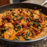 Close-up of a rich Creamy Keto Skillet Recipe featuring chicken, spinach, and sun-dried tomatoes in a creamy sauce.