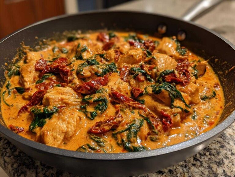 Amazing 20-min Creamy Keto Skillet Recipe Close-up of a rich Creamy Keto Skillet Recipe featuring chicken, spinach, and sun-dried tomatoes in a creamy sauce.