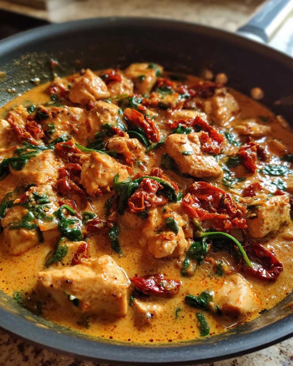Close-up of chicken pieces simmering in a rich, orange-hued sauce with spinach and sun-dried tomatoes in a skillet, part of the Creamy Keto Skillet Recipe.