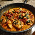 Close-up of chicken pieces simmering in a rich, orange sauce with spinach and sun-dried tomatoes in a black skillet, perfect for a Creamy Keto Skillet Recipe.
