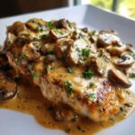 Close-up of a seared chicken breast generously topped with creamy mushroom sauce and sliced mushrooms.