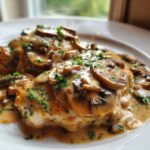 Two pieces of chicken smothered in a rich, creamy mushroom sauce and garnished with fresh parsley.