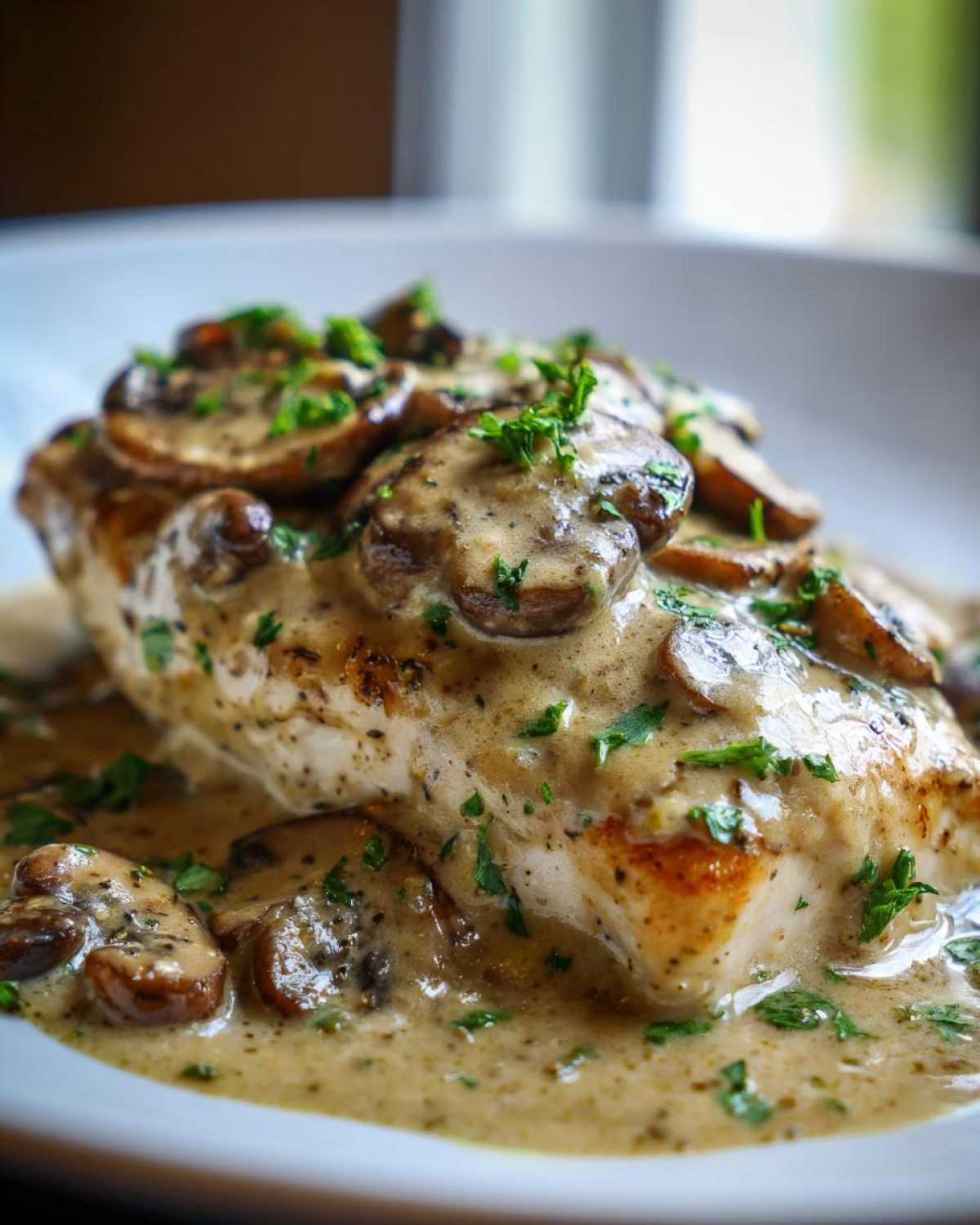 Close-up of a seared chicken breast generously topped with creamy mushroom sauce and sliced mushrooms.