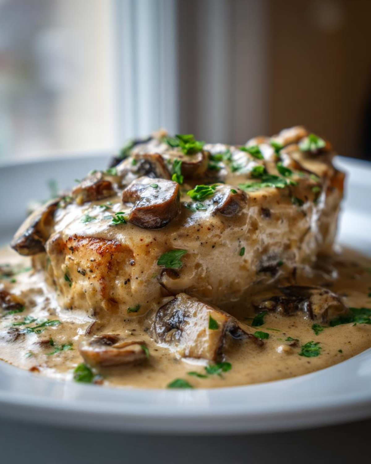 Close-up of a seared chicken breast generously covered in creamy mushroom sauce and sliced mushrooms.
