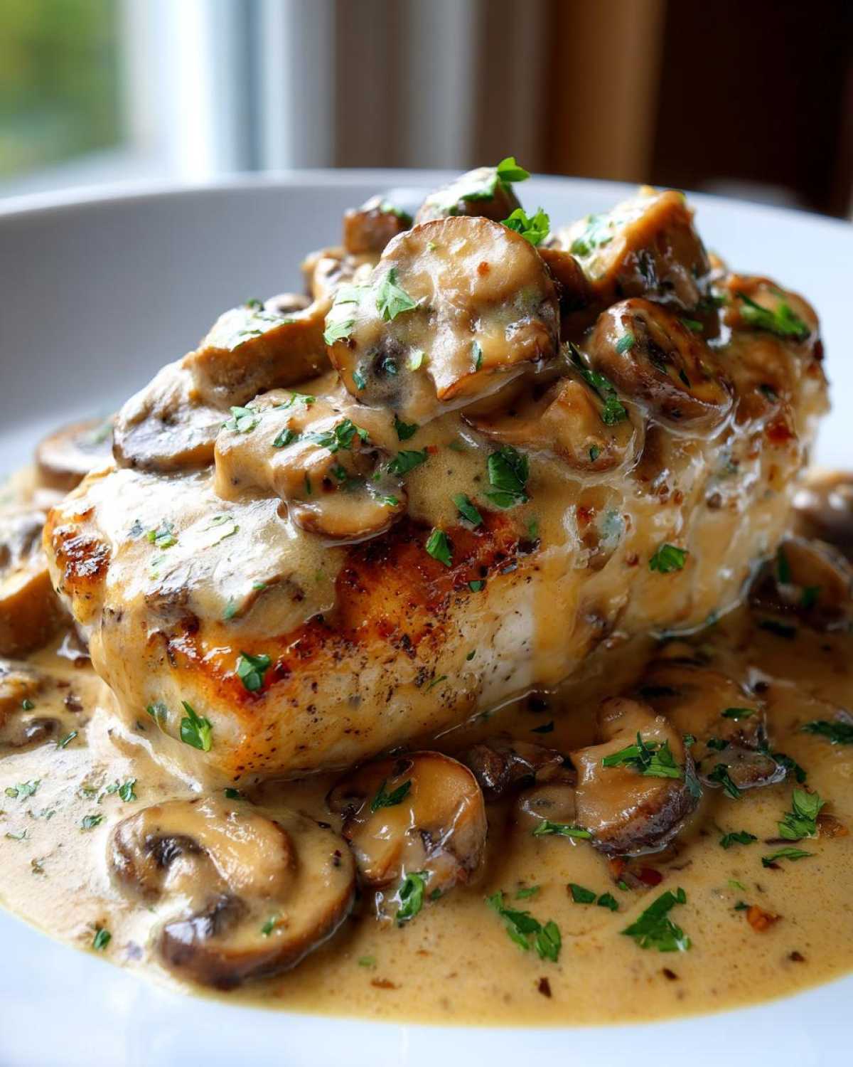 Close-up of a perfectly cooked chicken breast smothered in rich, creamy mushroom sauce and fresh parsley.