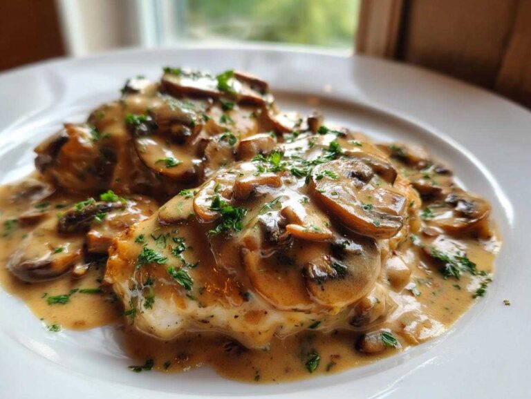 Amazing 20-Minute Creamy Mushroom Sauce Two pieces of chicken smothered in a rich, creamy mushroom sauce and garnished with fresh parsley.