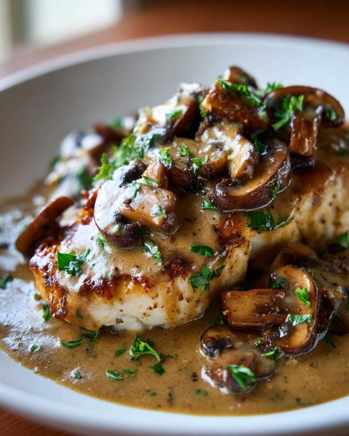 Close-up of seared protein topped generously with rich, creamy mushroom sauce and fresh parsley.