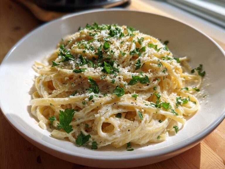 Close-up of creamy parmesan pasta tossed in sauce, topped with grated cheese and fresh parsley.
