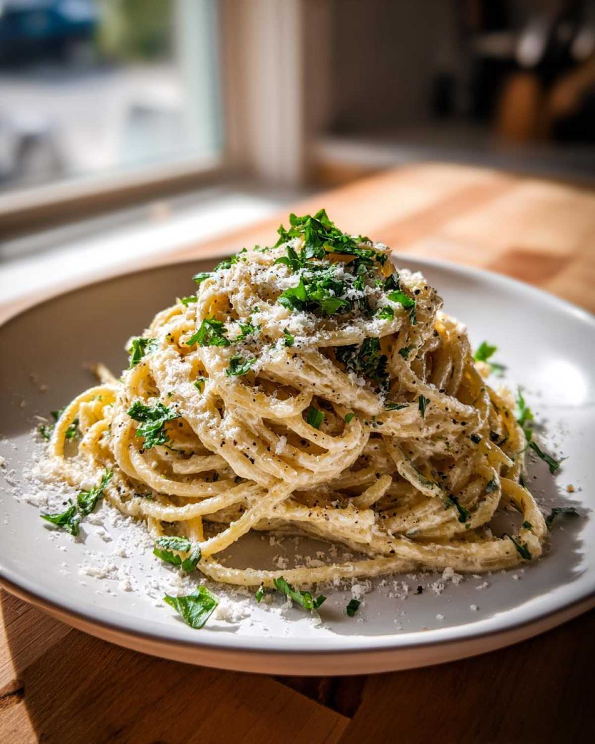 A close-up of a serving of creamy parmesan pasta, generously topped with grated cheese and fresh parsley.