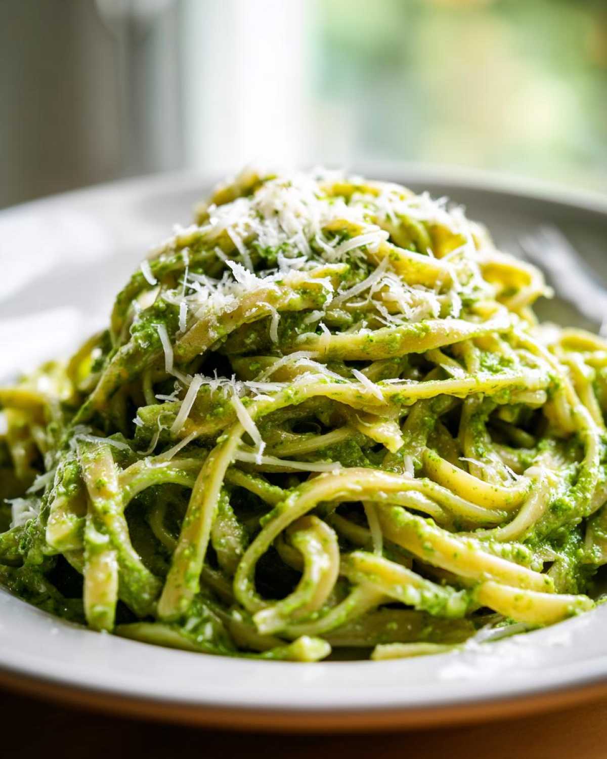 A close-up shot of a serving of creamy pesto pasta tossed in vibrant green sauce and topped with grated Parmesan cheese.