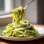 A fork lifting strands of creamy pesto pasta topped with grated Parmesan cheese from a plate.