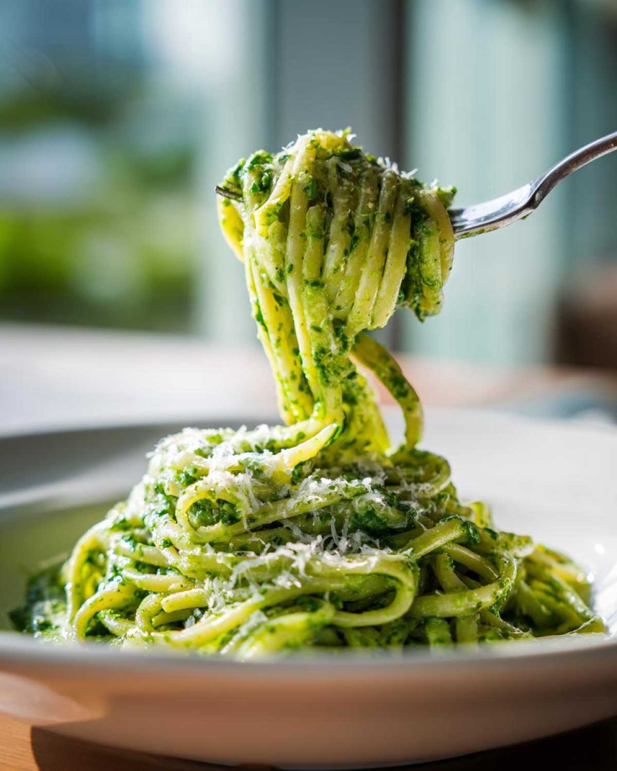 A fork lifts twirled strands of creamy pesto pasta from a white bowl, topped with grated Parmesan cheese.