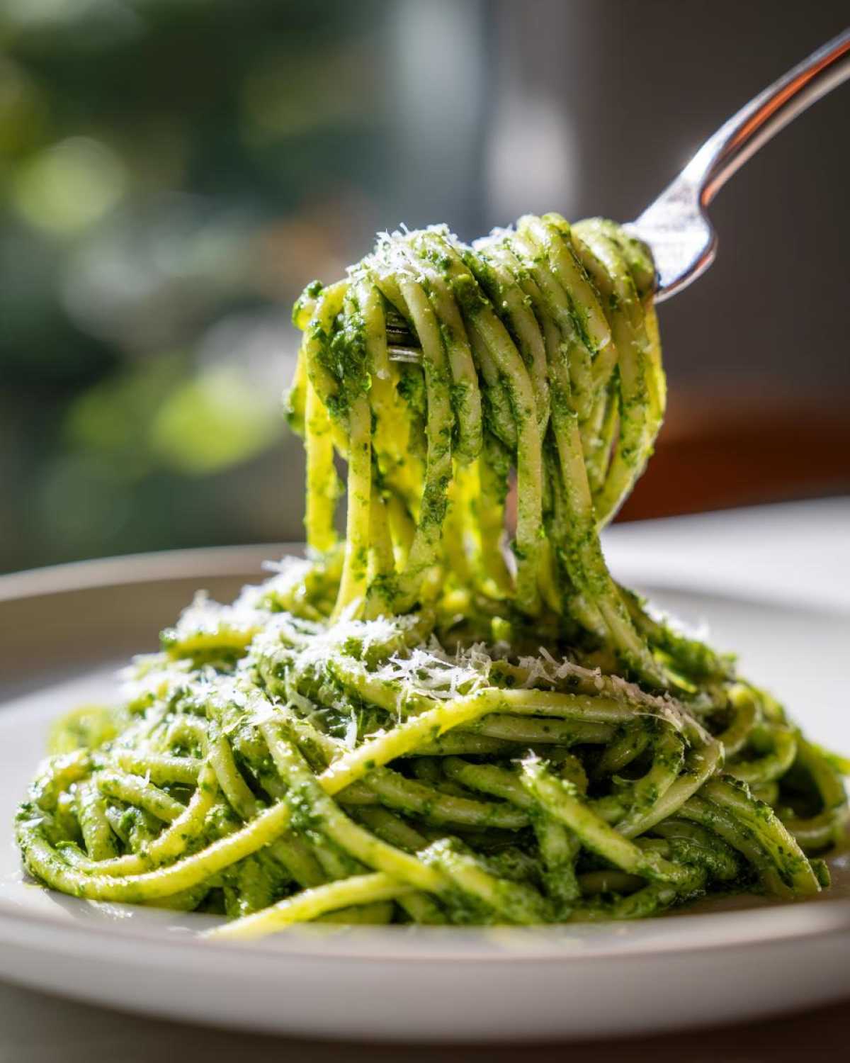 A fork lifts a generous twirl of creamy pesto pasta, topped with grated Parmesan cheese, from a plate.